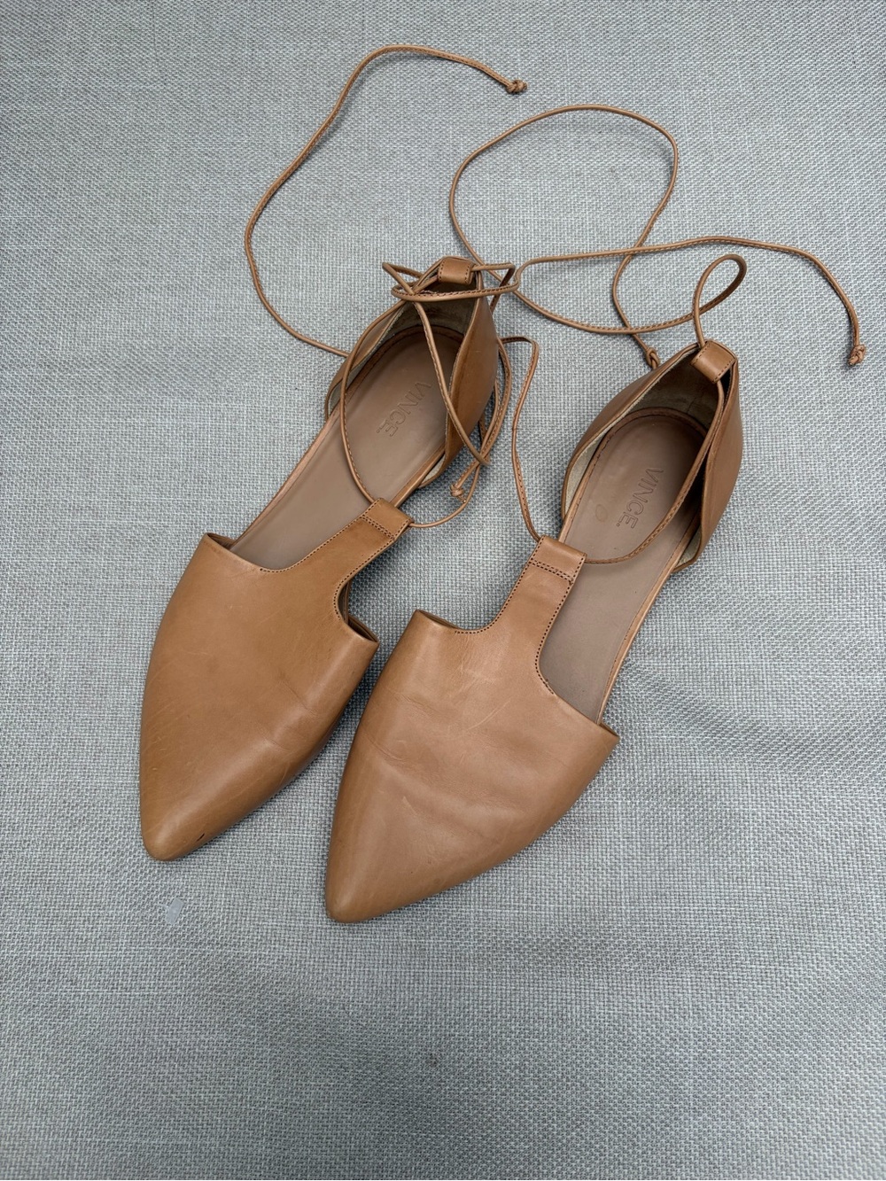 Vince tan Leather Pointed Lace-Up Flats